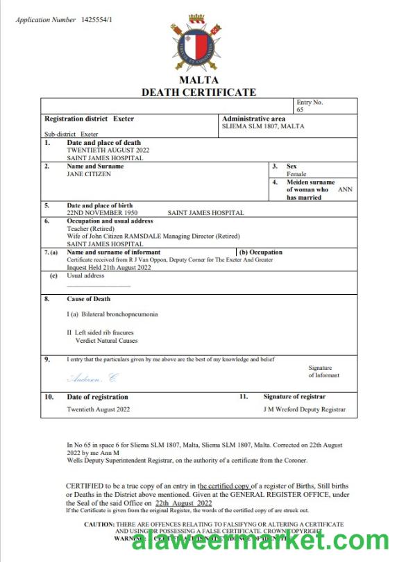Malta death certificate Word and PDF template